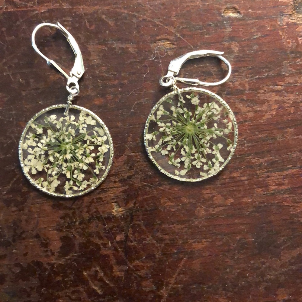 Pressed flower, sterling silver earrings